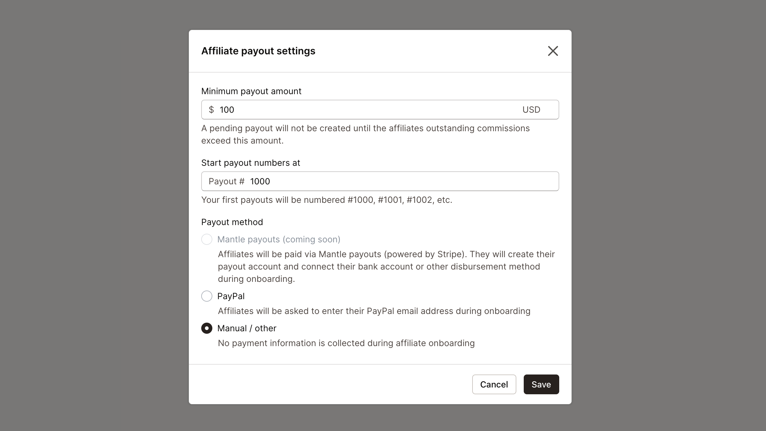 Affiliate payouts settings