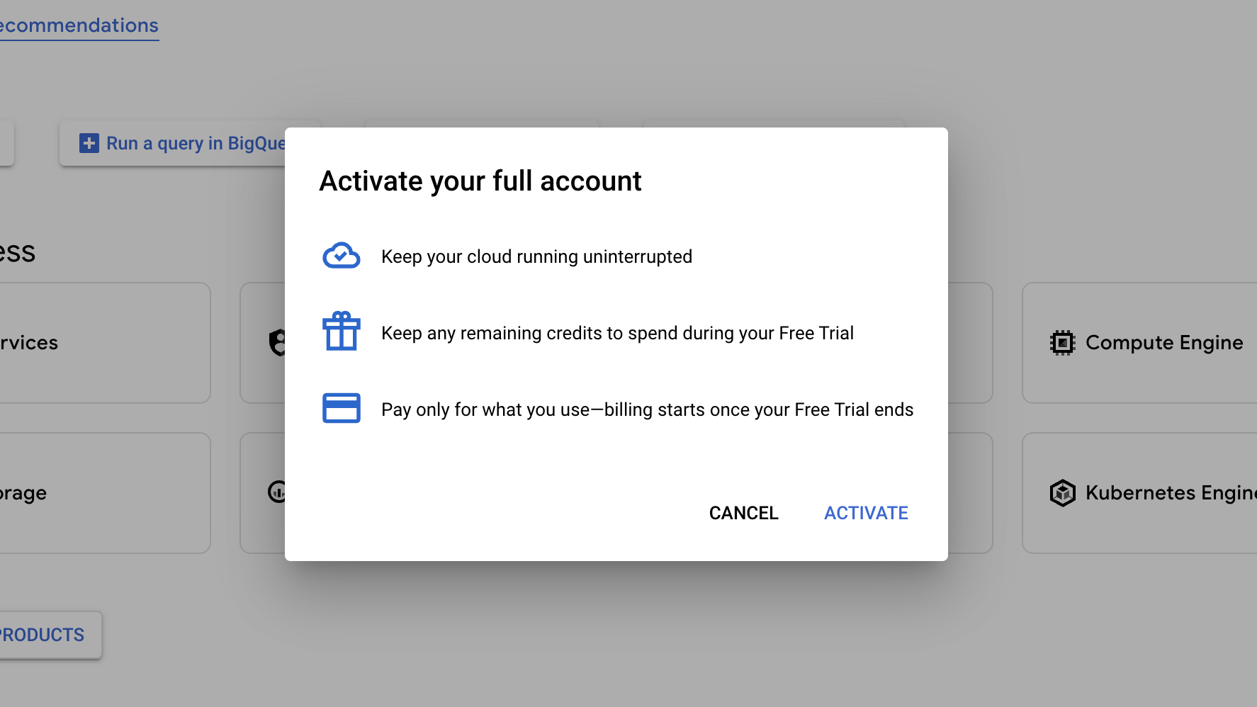Activate BigQuery billing modal