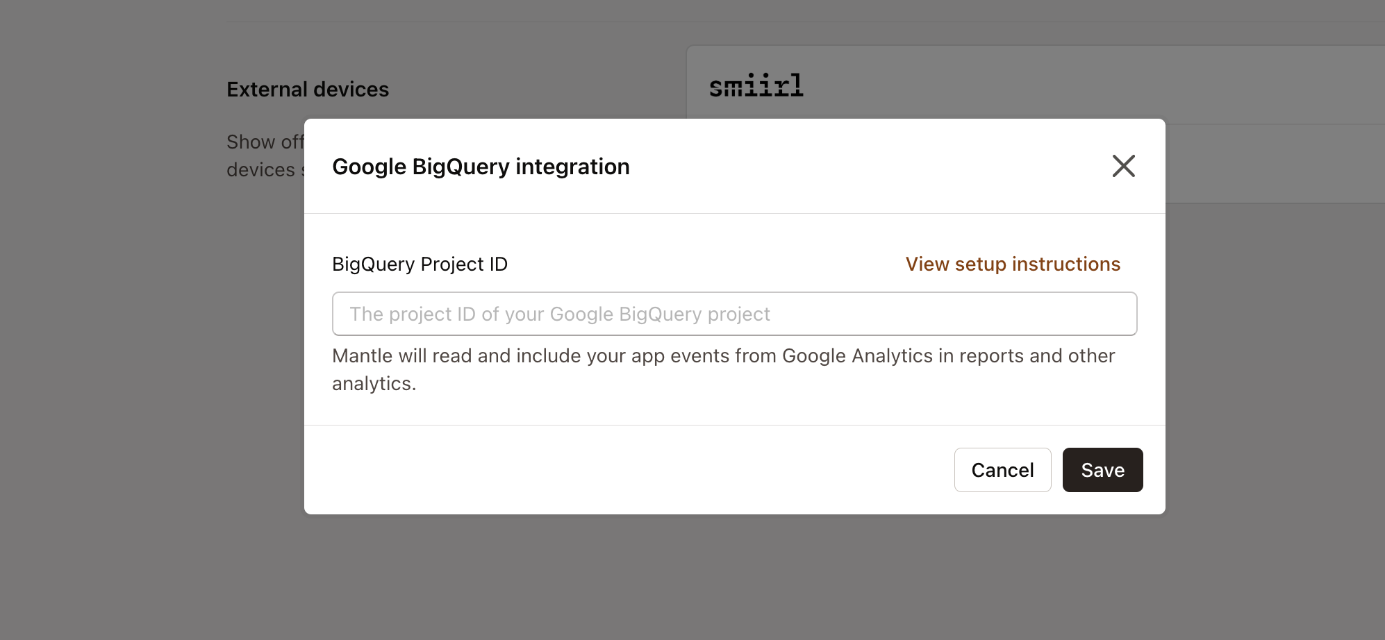 BigQuery integration modal