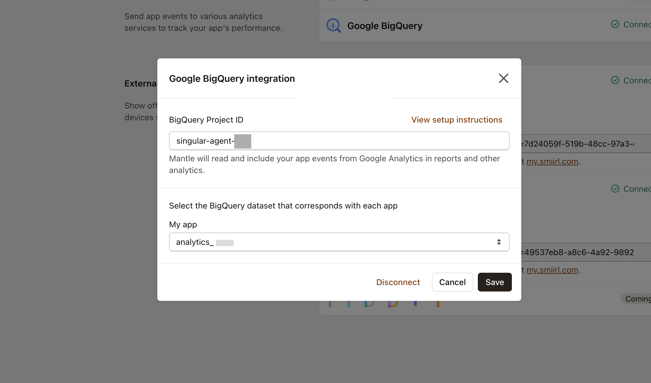 BigQuery integration modal with content
