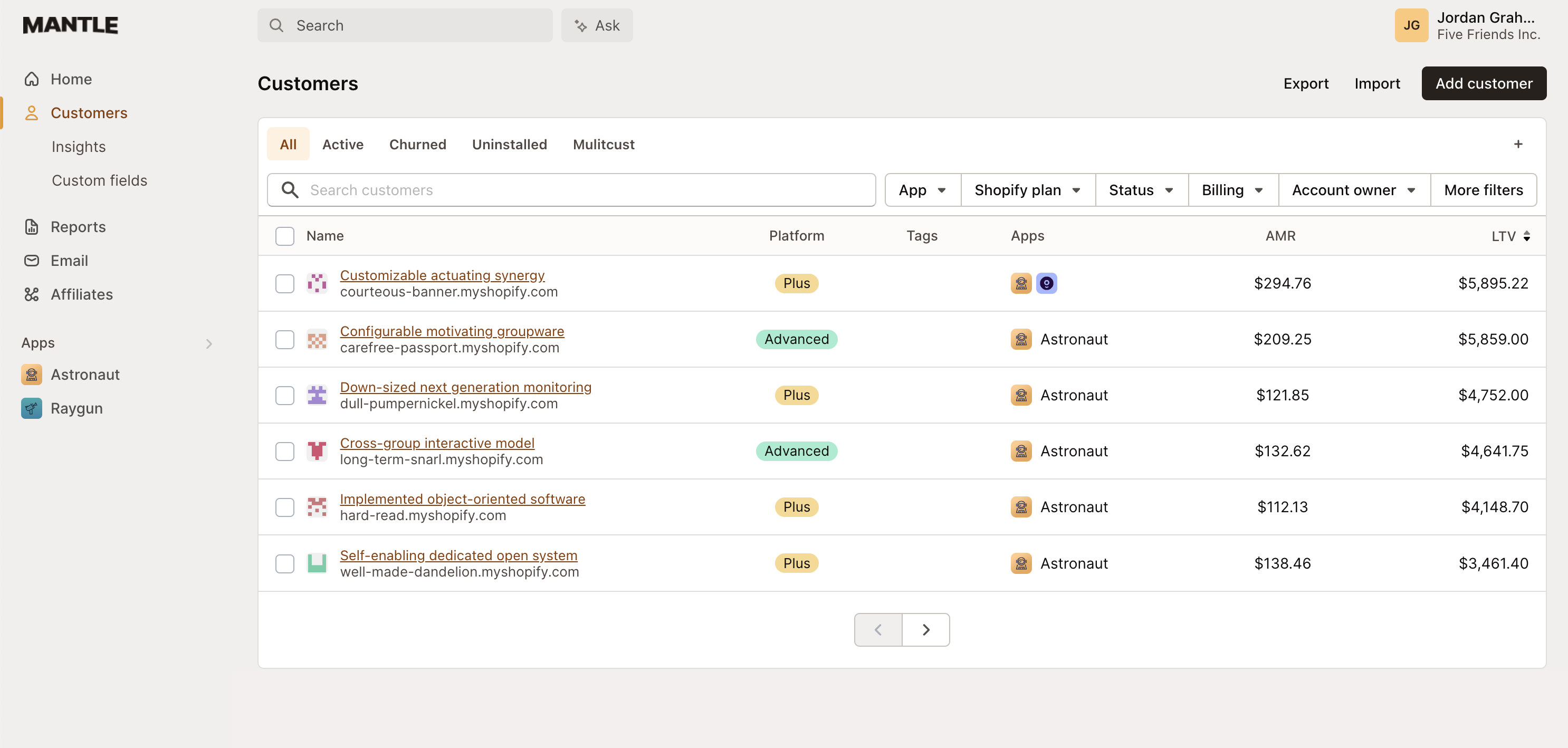 Primary customer dashboard