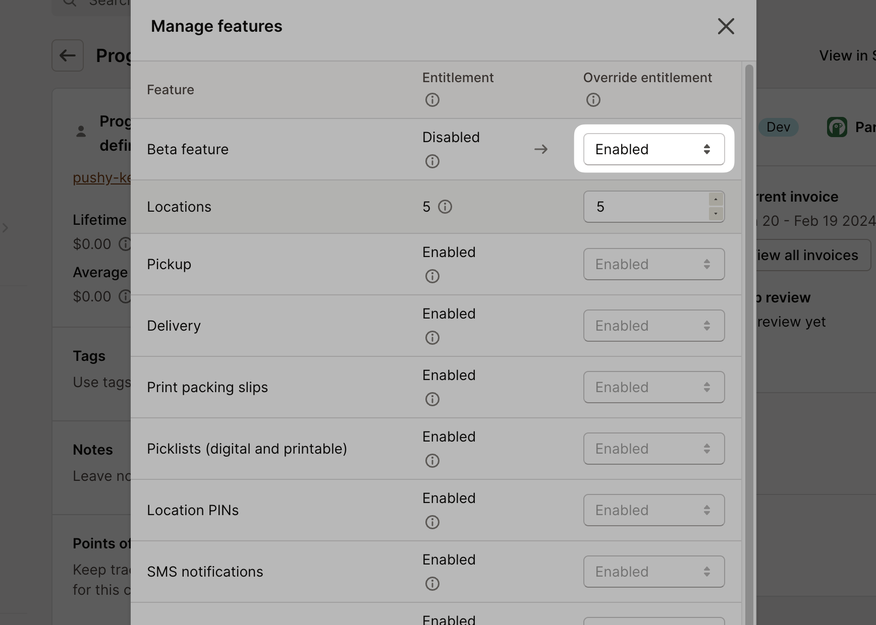 Manage customer features