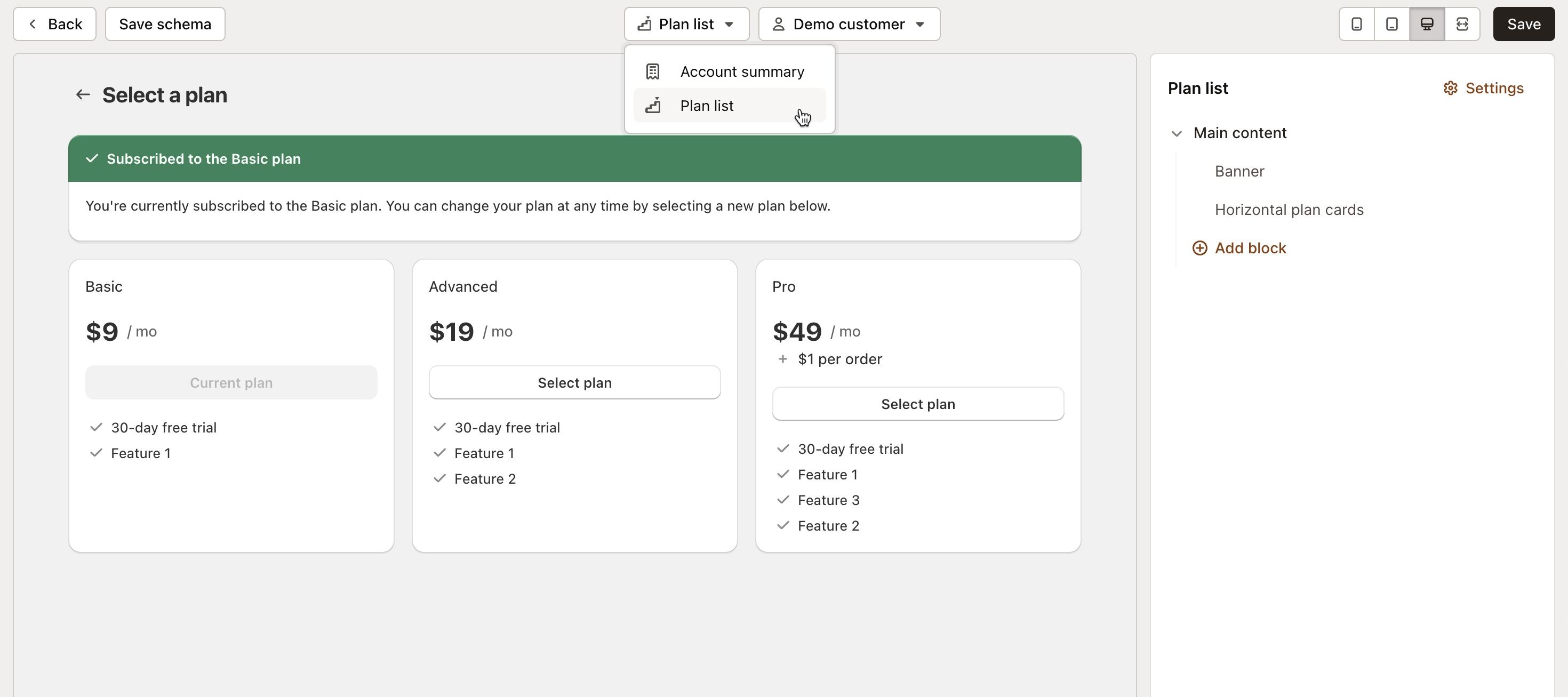 Hosted billing page select