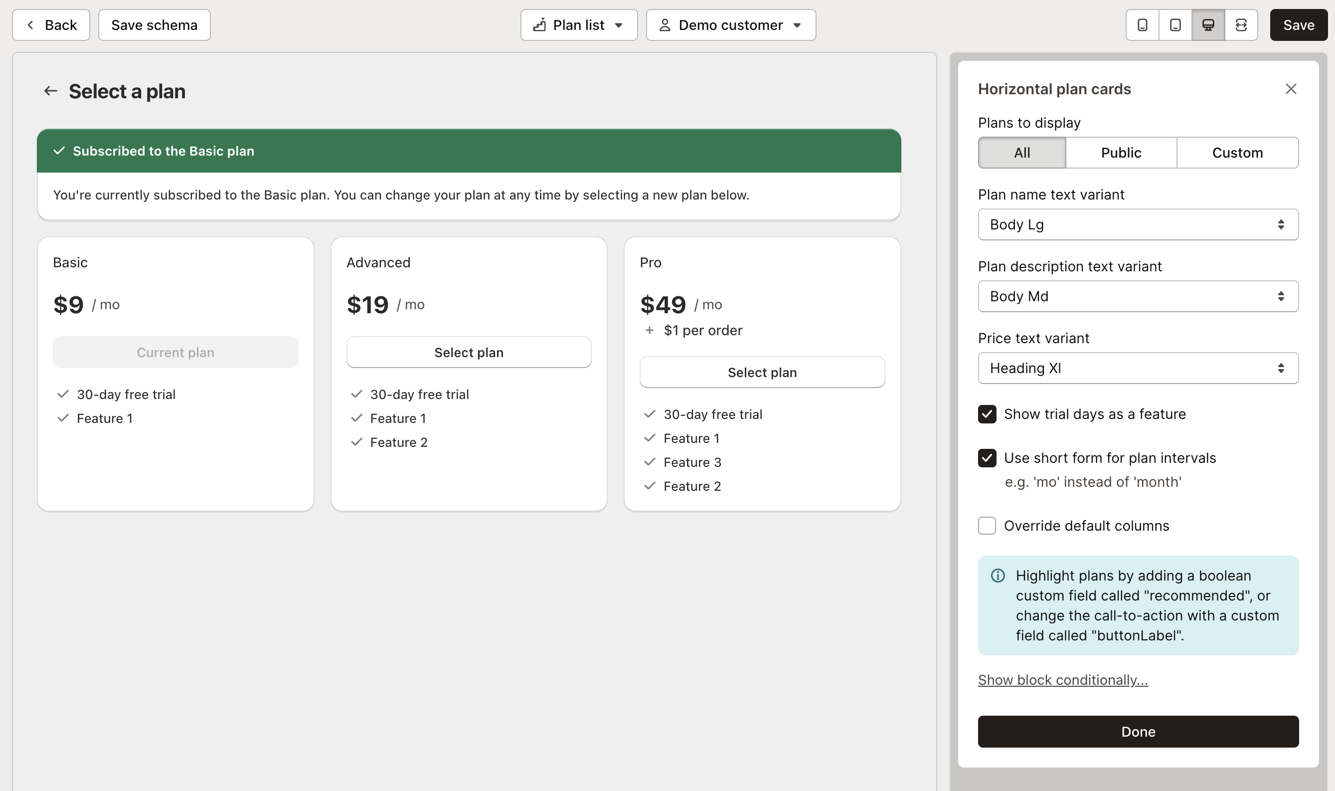 Hosted billing plan list