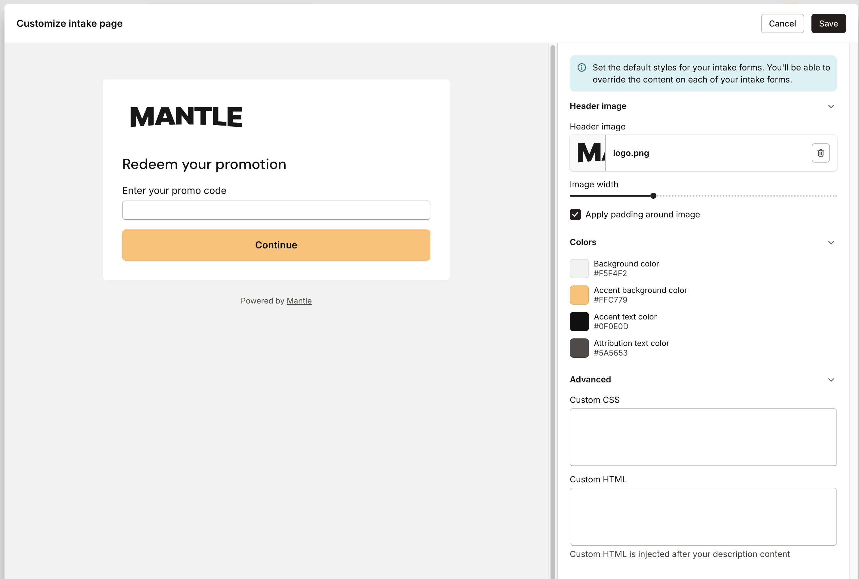 Customize intake form