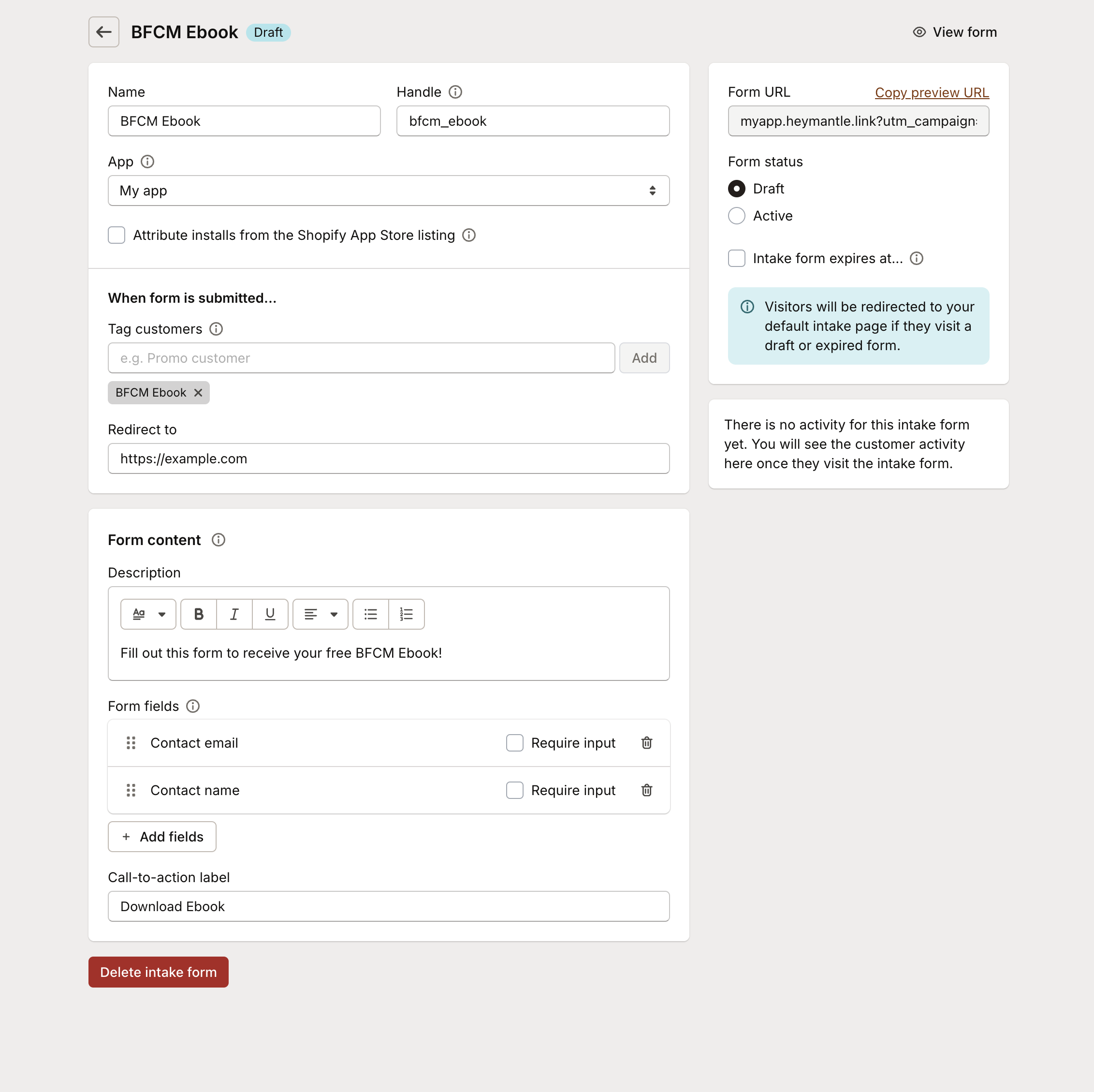 Example intake form settings