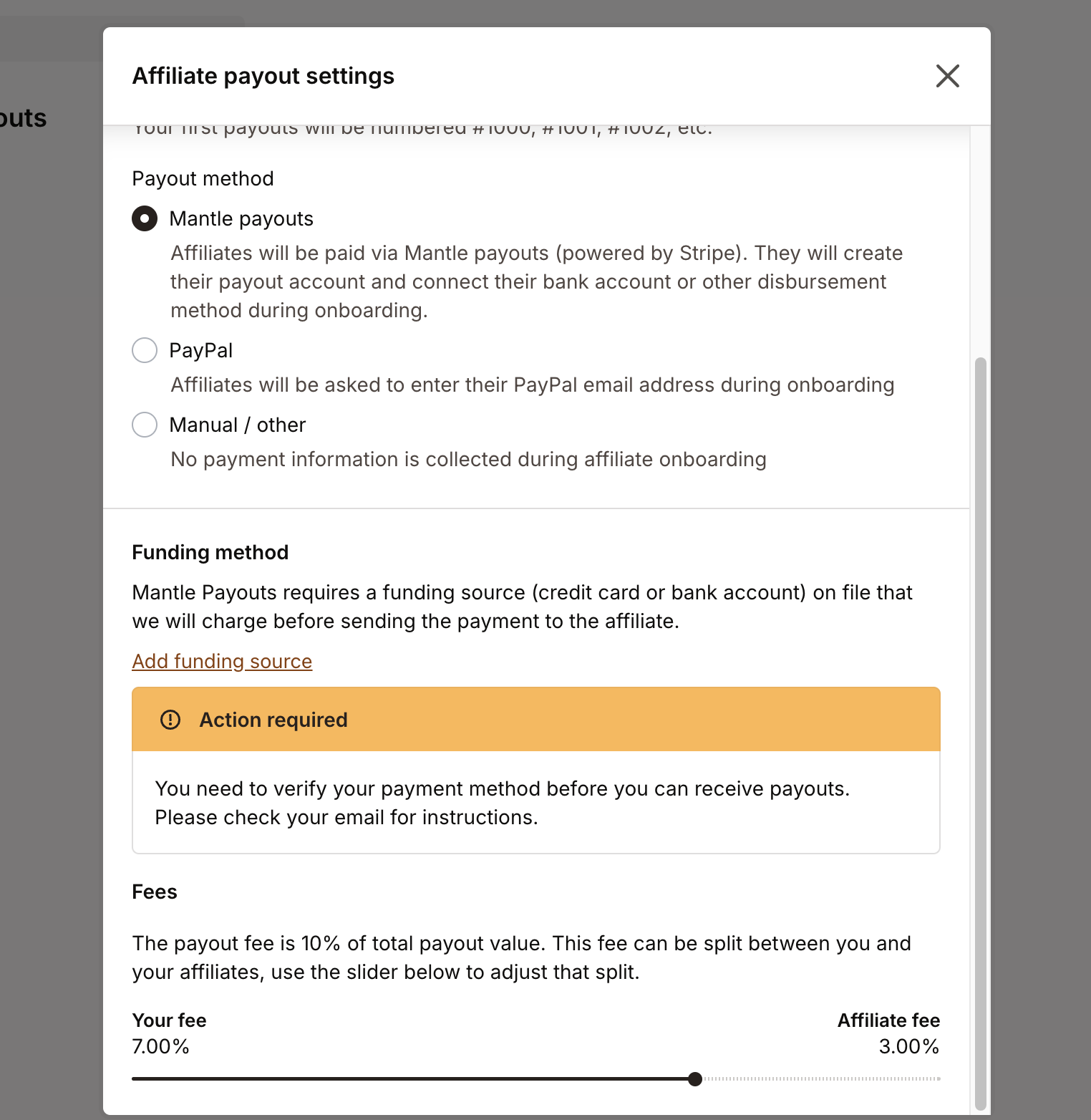 Mantle payout settings