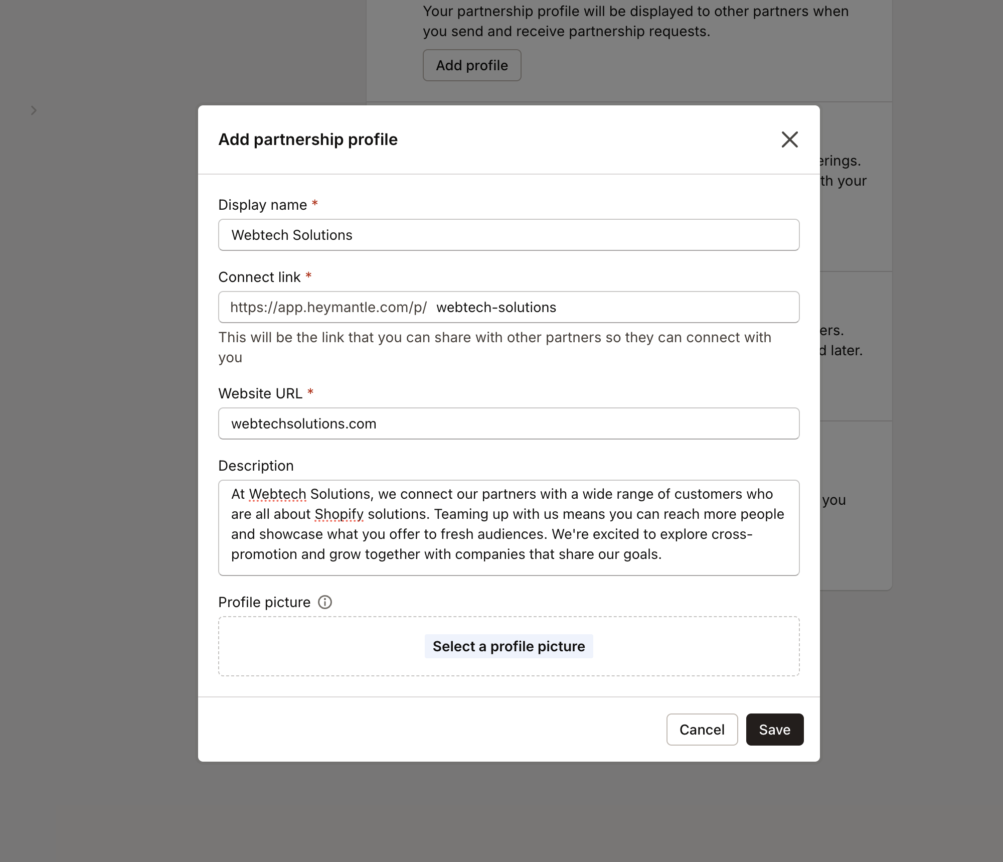 Partnerships profile setup