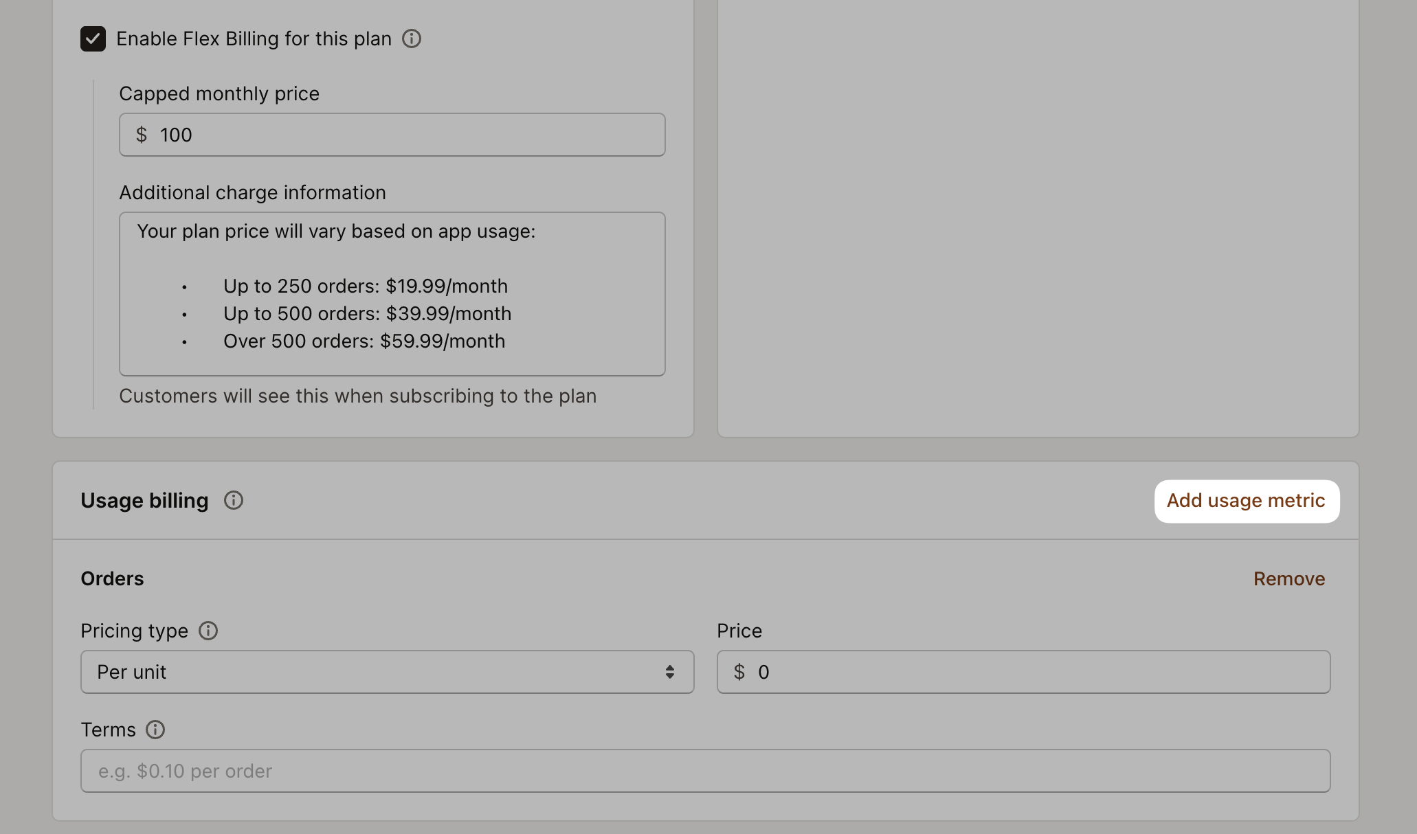 Flex billing add usage metric