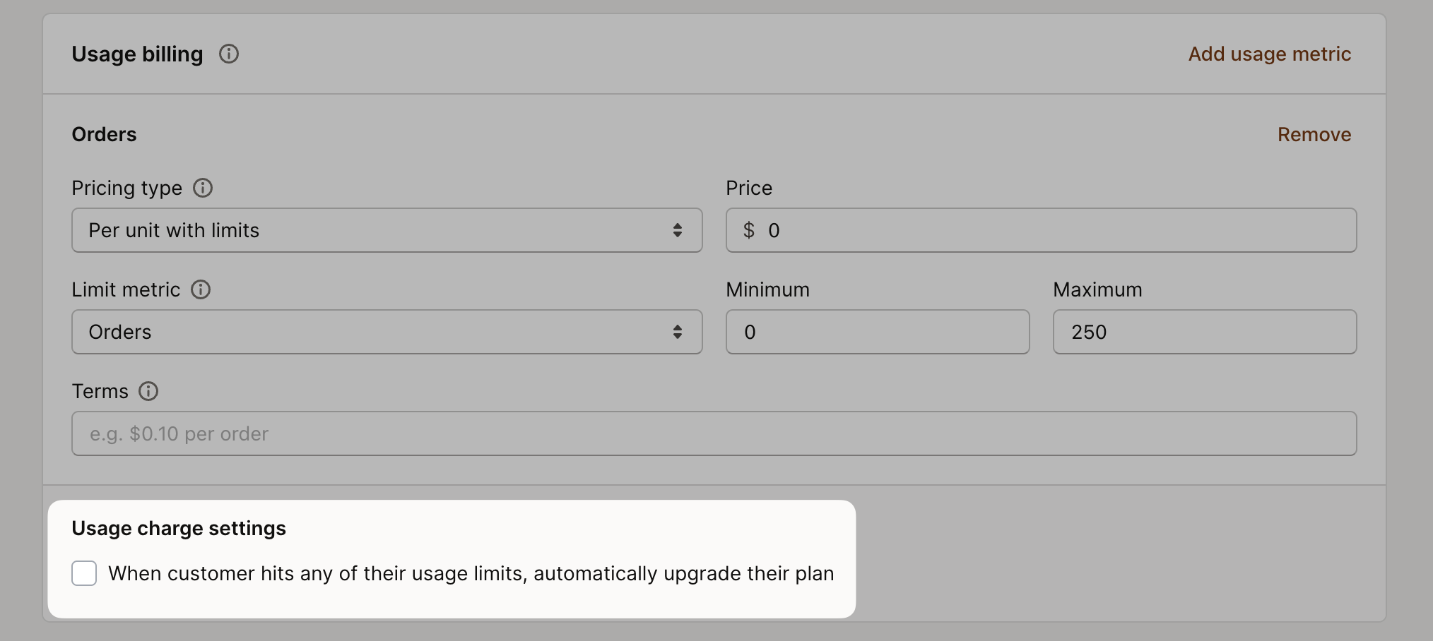 Flex billing charge settings