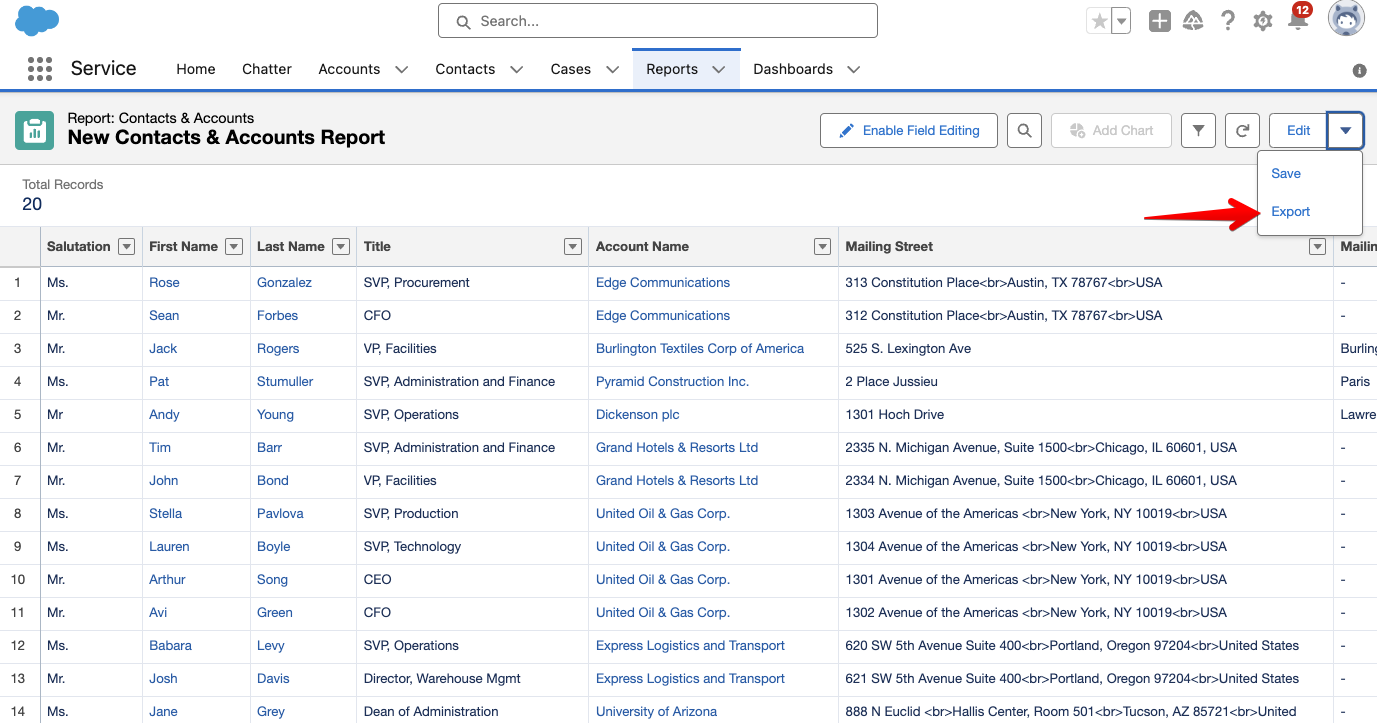 Salesforce export CSV