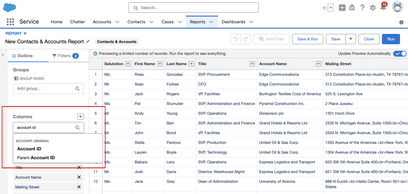 Salesforce report fields