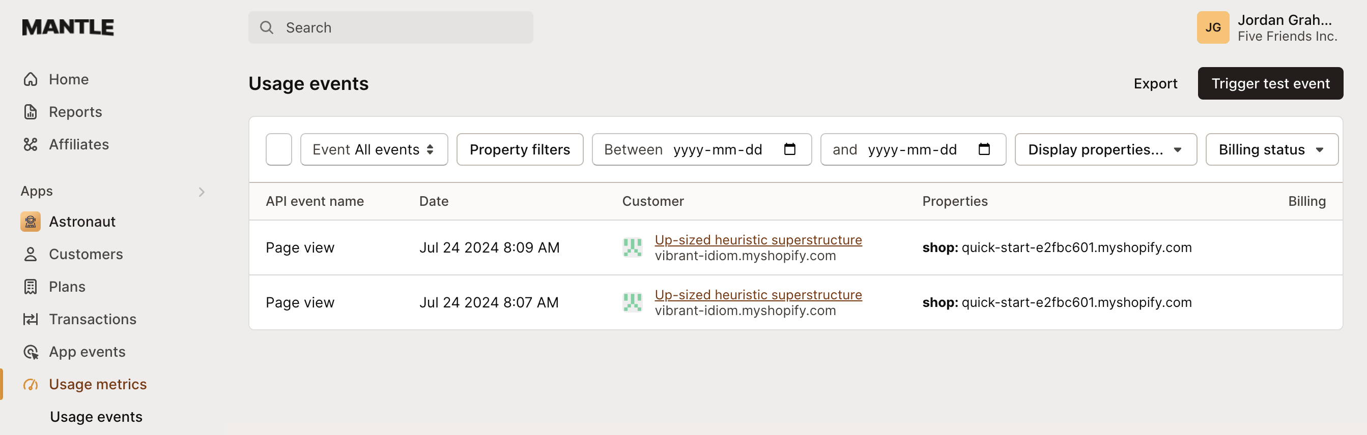 Usage events in Mantle