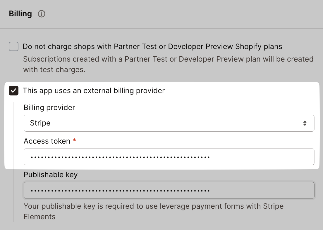 App settings Stripe key