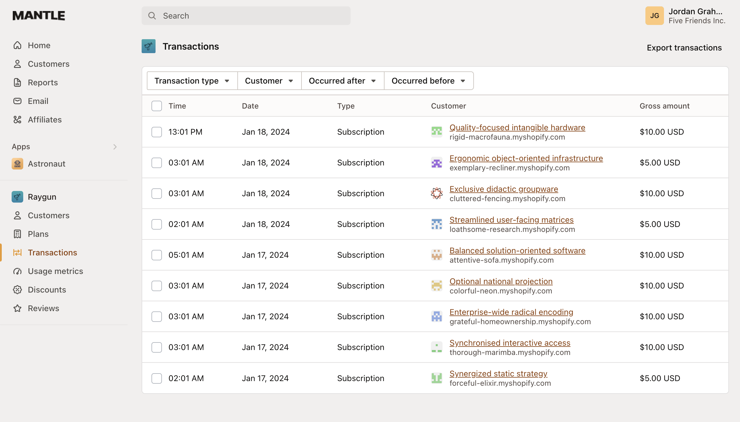 Transactions page