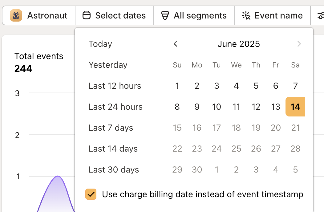 Usage events report showing the 'Use charge billing date instead of event timestamp' option