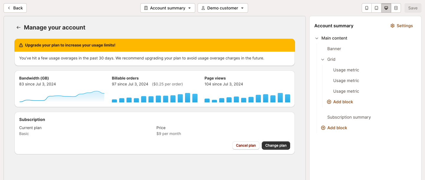 Drag-and-drop account summary page editor