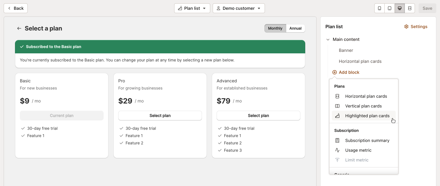 Drag-and-drop plans page editor