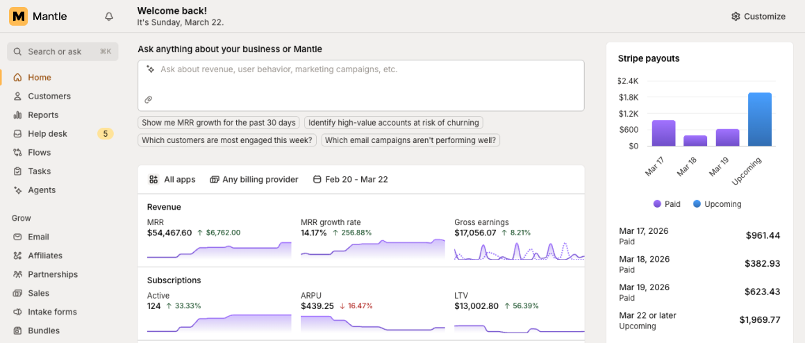 Mantle dashboard showing example MRR and Payout data