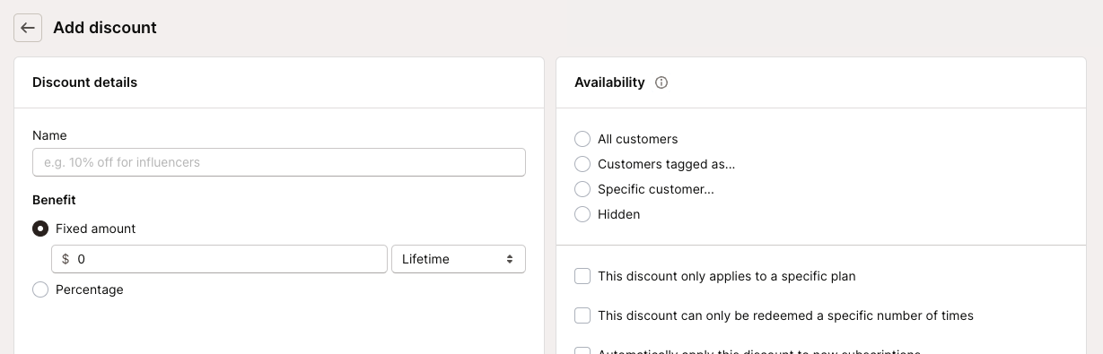 Manage plan discounts in Mantle, whether they're a fixed amount or percentage based, lifetime discounts or limited-time.