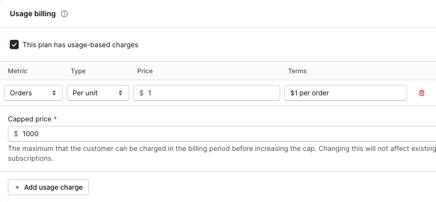 Add usage charges to your app without any billing APIs. Specify usage charge amount, capped price, and more.