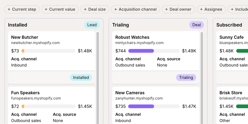 Visualize your pipeline with a kanban board. Use templates or custom stages, drag and drop deals as they progress. Manage from app, extension, or Gmail add-on.
